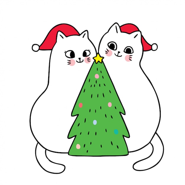 Cartoon Mignons Chats De Noël Et Sapin De Noël.