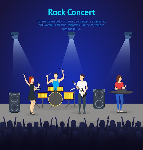 Vecteur cartoon music band sur scène carte affiche flyer concert performance ou party concept design plat style illustration vectorielle