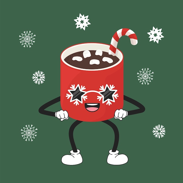 Vecteur cartoon de noël personnage de cacao en tasse rouge avec un marshmallow de canne à sucre et des lunettes de soleil