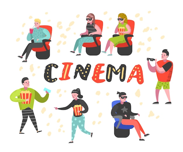 Cartoon People Avec Pop-corn Et Soda Regarder Un Film Au Cinéma