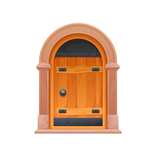 Vecteur cartoon porte du château médiéval avec porte en bois vecteur ancien portail d'arc donjon médiéval ou porte de maison vintage avec porte d'entrée en pierre et en bois porte fermée avec handel métallique pour l'architecture de jeu