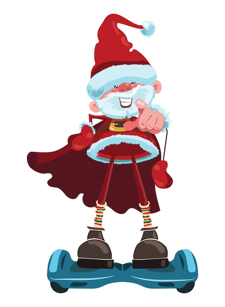 Vecteur cartoon santa claus monte un gyroscooter. illustration de noël avec joyeux grand-père en costume de santa.