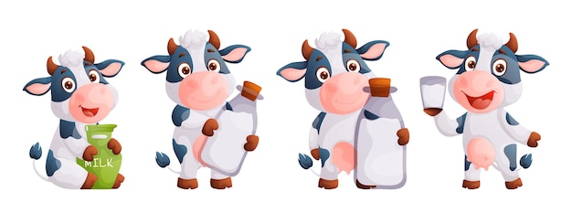 Cartoon de vache Character d'animal de ferme mignon dans diverses actions posant le vecteur de mascotte drôle