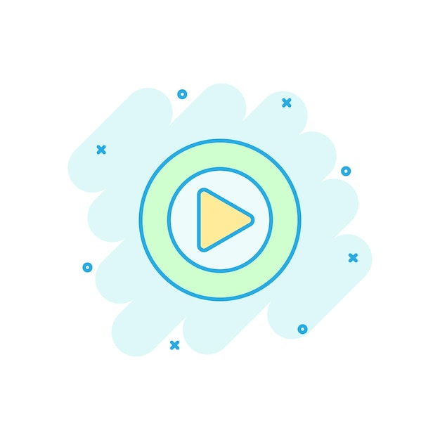 Cartoon vectoriel icône de bouton de lecture dans le style de bande dessinée Jouer vidéo panneau d'illustration pictogramme concept d'effet d'éclaboussure d'affaires de panneau de médias