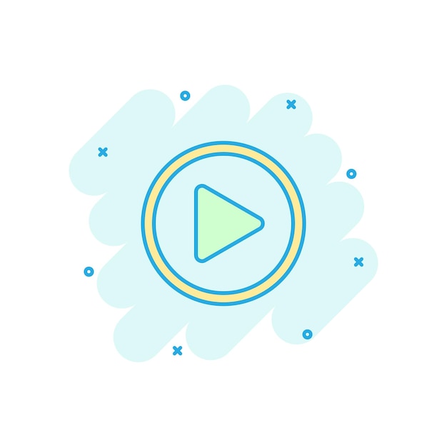 Cartoon vectoriel icône de bouton de lecture dans le style de bande dessinée Jouer vidéo panneau d'illustration pictogramme concept d'effet d'éclaboussure d'affaires de panneau de médias