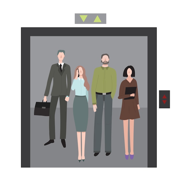 Vecteur cartoons des employés de bureau personnages hommes et femmes employés professionnels à l'intérieur de l'ascenseur concept élément flat design style illustration vectorielle