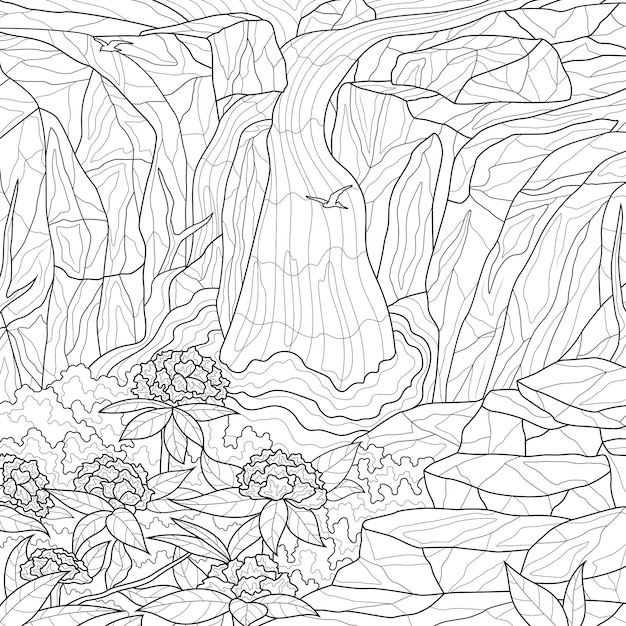 Cascade et paysage de fleursLivre de coloriage antistress pour enfants et adultes