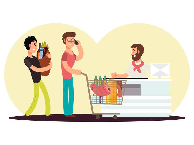 Vecteur cash tourner dans un magasin d'alimentation. hommes de personnage de dessin animé achètent de la nourriture dans l'illustration de supermarché vecor