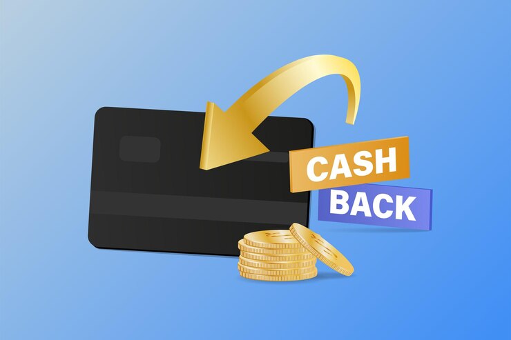 Vecteur cashback, un concept vectoriel d'économie d'argent avec des pièces en dollars, une flèche et une carte de crédit.