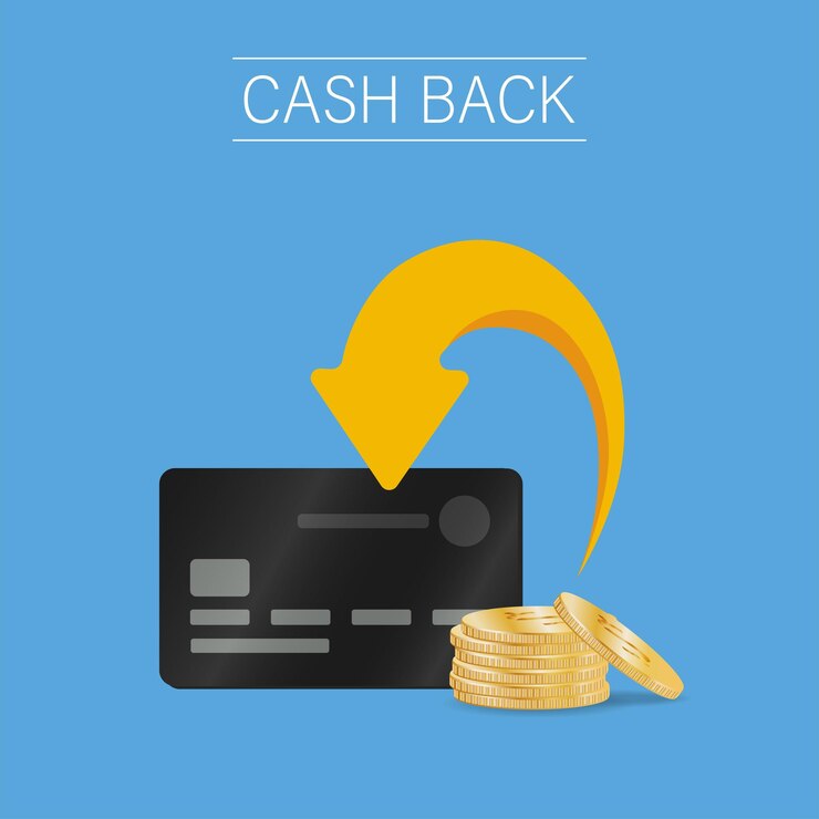 Vecteur cashback, un concept vectoriel d'économie d'argent avec des pièces en dollars, une flèche et une carte de crédit.