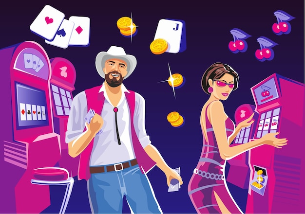 Vecteur casino intérieur avec des gens chanceux femme jouant aux machines à sous