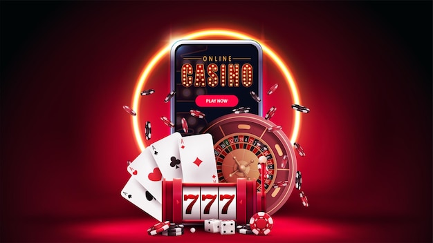 Casino en ligne, bannière rouge avec smartphone, machine à sous, Casino Roulette, jetons de poker et cartes à jouer en scène rouge avec anneau néon orange sur fond.