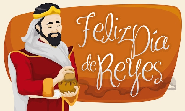 Caspar Magi Tenant Un Cadeau D'encens Pour L'enfant Jésus Pour Célébrer La Tradition Espagnole De Dia De Reyes
