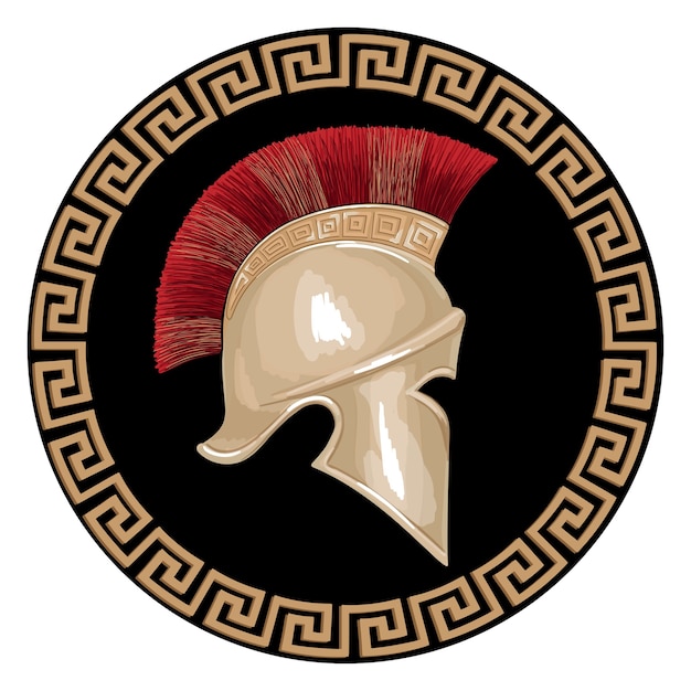 Casque de l'ancien guerrier grec hoplite avec un ornement de méandre national isolé sur fond blanc.