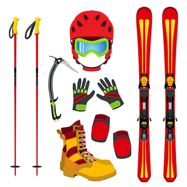 Casque, gants, ski, bottes, coussinets, piolet