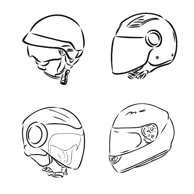 Vecteur casque de moto contour dessiné à la main doodle icône moto protection et vitesse équipement de sécurité con