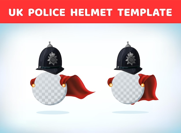 Vecteur casque de policier anglais. chapeau de policier britannique. casque authentique traditionnel des policiers britanniques métropolitains. illustration de vecteur de dessin animé. cape rouge. modèle de dessin animé.