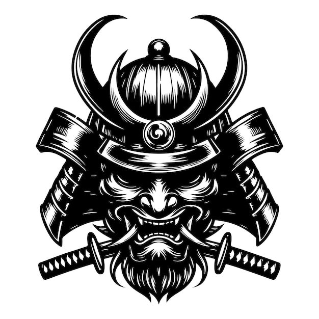 Casque de samouraï avec un masque vecteur noir et blanc