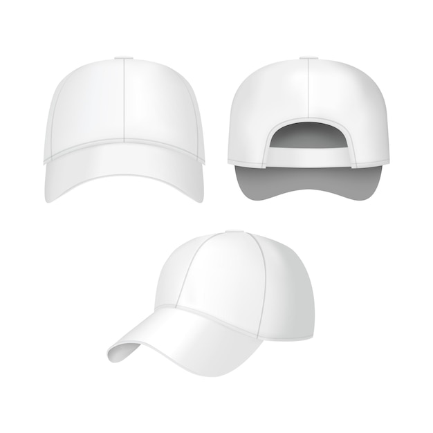 Vecteur casquette de baseball blanche 3d réaliste située à l'arrière des vues avant et latérales sur fond clair illustration vectorielle de casquettes décontractées à la mode