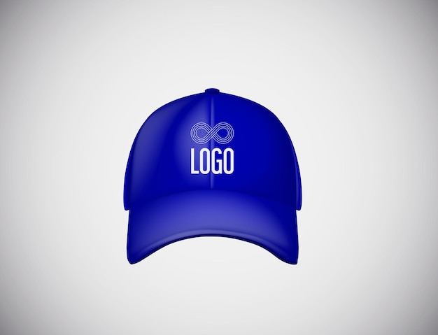 Vecteur casquette de baseball bleue vue de face réaliste avec logo texte pour la publicité isolée sur illustration vectorielle fond blanc