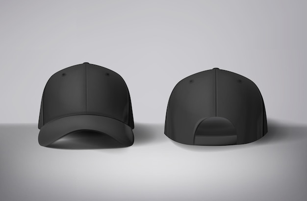 Des casquettes de baseball noires sur fond gris devant et derrière pour la marque et la publicité