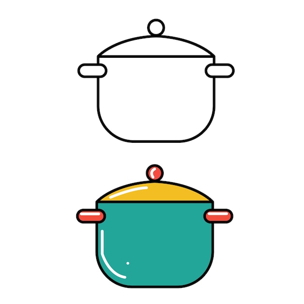 Casserole sur le brûleur. Pot de cuisson en acier de dessin animé avec soupe bouillante, brûleur à gaz en flammes chauffe la casserole de cuisine, concept d'illustration vectorielle du dîner à la maison isolé