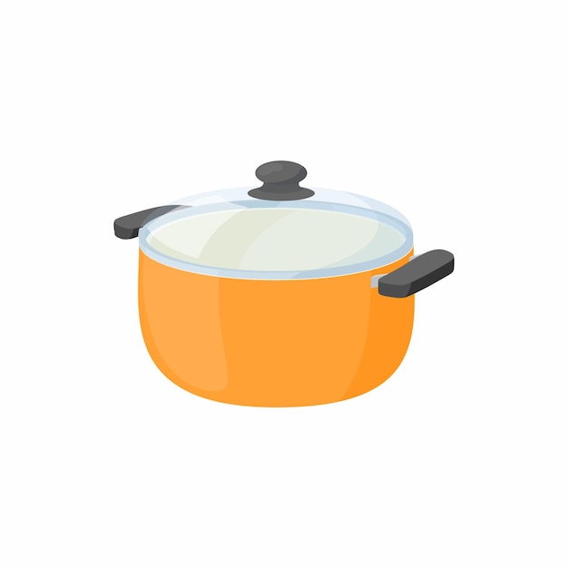 Casserole avec icône de couvercle en verre dans le style de dessin animé sur un fond blanc