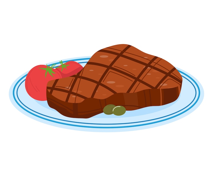 Vecteur casserole à viande, aliments frais, cuisine, steak de tranche aéré, fond frit, isolé sur blanc, design, illustration de style plat. dîner champignons rôtis, porc grillé, décoration barbecue persil.