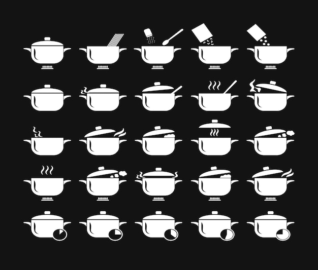 Casseroles De Cuisine Dans Les Icônes Simples De La Cuisine Définies 25 Symboles Vectoriels Blancs Sur Fond Noir Processus De Cuisson De La Minuterie De Gaz Des Marmites à Vapeur