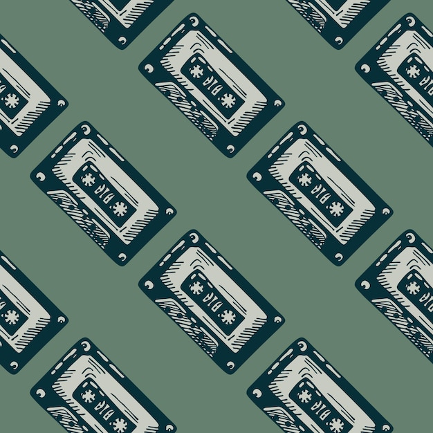Cassette audio gravée modèle sans couture Cassette de musique vintage dans un style dessiné à la main