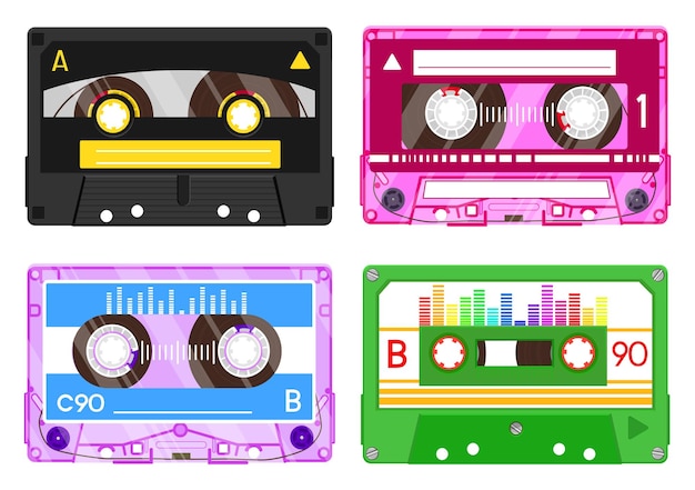 Cassettes d'enregistrement audio musique rétro des années 90 Cassette colorée en plastique avec mélange de musique Ancienne technologie d'enregistrement équipement des années 80