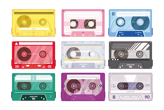 Vecteur des cassettes vintage, des mixtapes rétro, des chansons pop, des cassettes et des cassettes de musique stéréo, de la danse disco hi-fi.