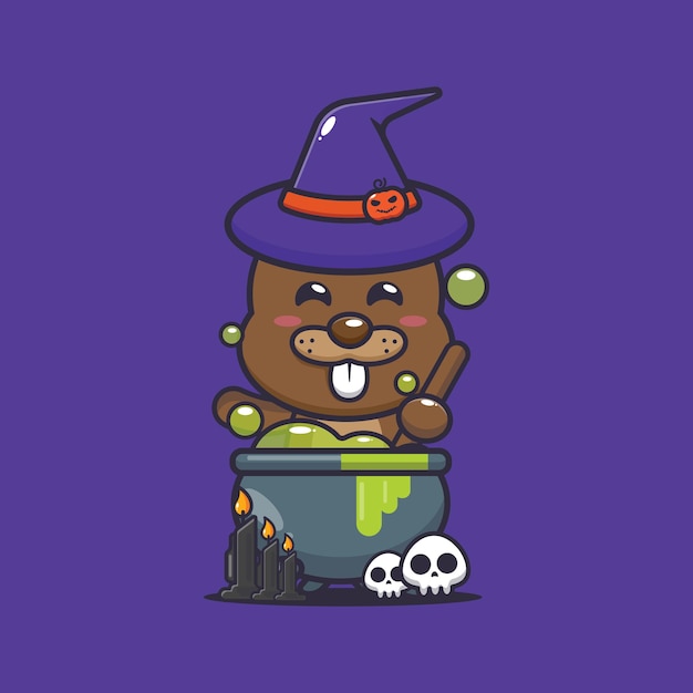 Vecteur castor de sorcière mignon faisant de la potion le jour de l'halloween. illustration de dessin animé mignon halloween.