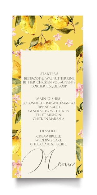 Vecteur catalogue de menus de mariage aquarelle