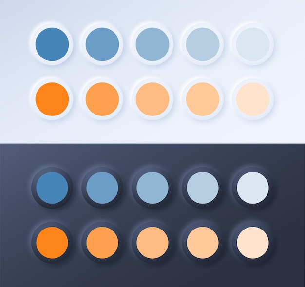 Vecteur le catalogue de la palette du guide des couleurs pantone échantillonne le style de neumorphisme bleu et orange