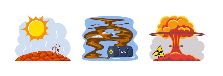 Vecteur catastrophes naturelles sécheresse déchets sales pollution nucléaire sécheresse fissuration des sols mort des plantes