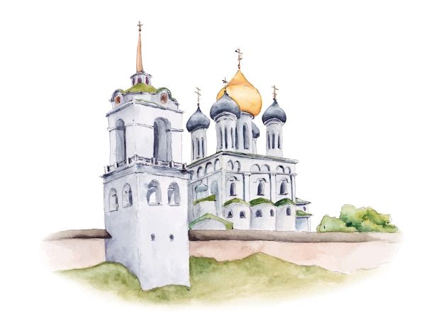 Vecteur cathédrale de la trinité du kremlin de pskov, église orthodoxe russe, illustration aquarelle
