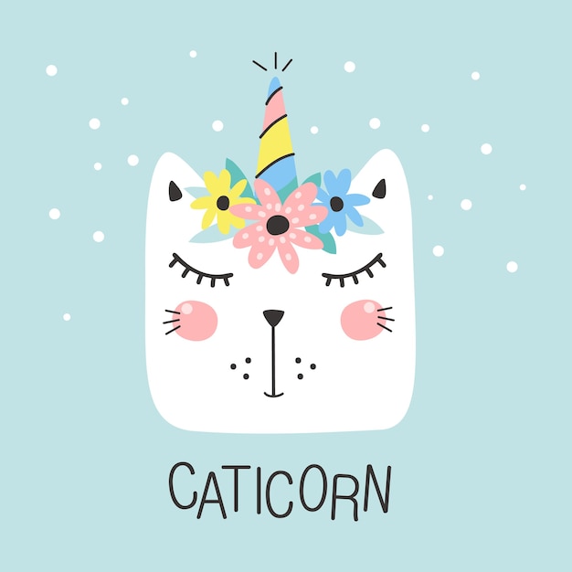 Caticorn Mignon Avec Floral. Impression D'enfants. Noyade à La Main