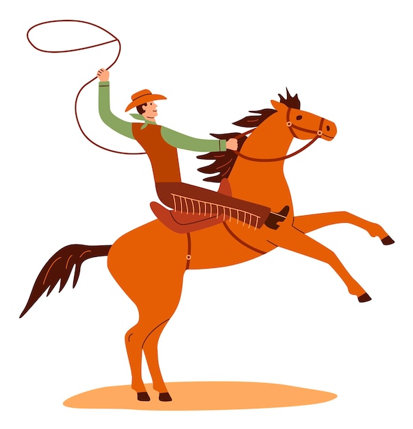 Vecteur cavalier du far west à cheval avec lasso à la main western cowboy au chapeau équitation saison de rodéo américain illustration vectorielle plane