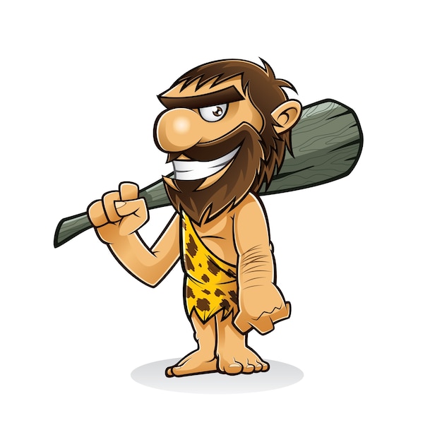 Caveman Est Debout Tenant Une Arme Du Tronc D'un Arbre Et Souriant