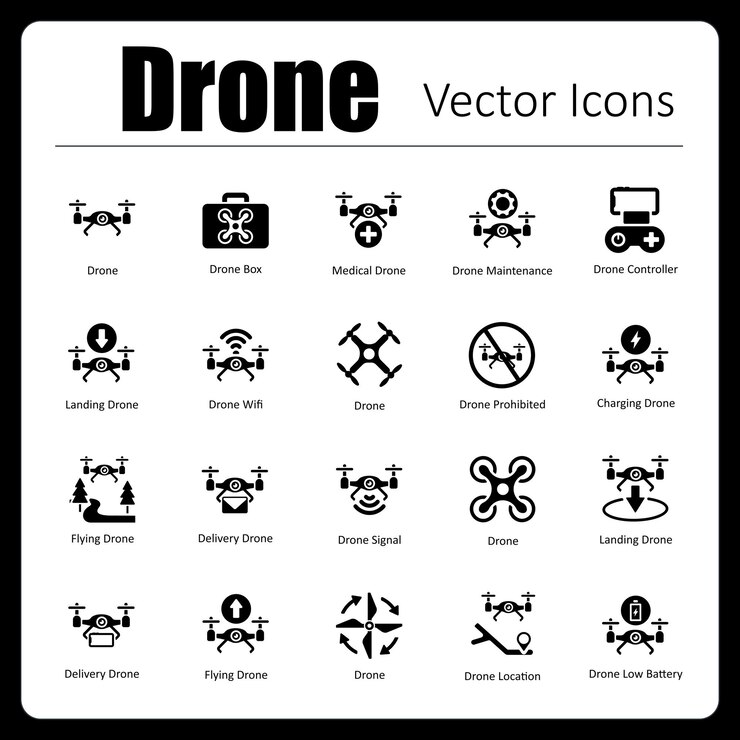 Ceci est une collection de 24 icônes vectorielles de drones parfaites en pixels faits à la main