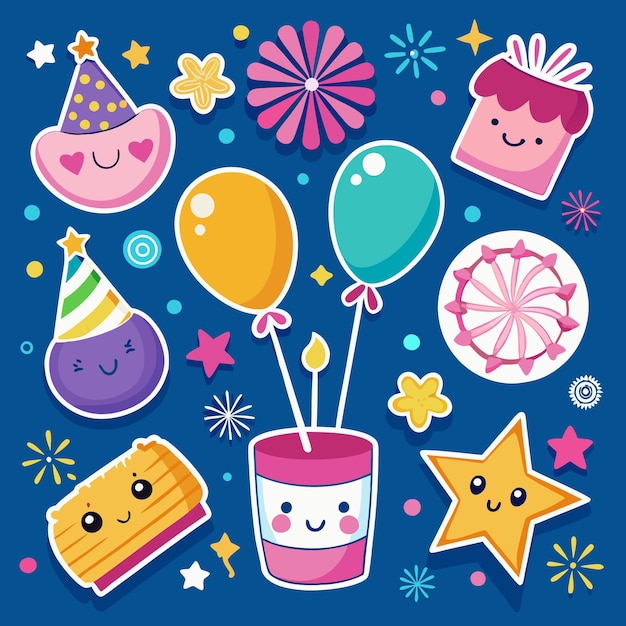 Célébration d'anniversaire colorée avec des personnages de dessins animés gâteau ballons étoiles et feux d'artifice