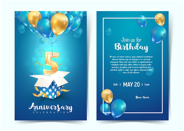 Célébration Des Cartes D'invitation D'anniversaire De Cinquième Année. Célébration D'anniversaire De Cinq Ans. Imprimer Des Modèles D'invitation Sur Fond Bleu