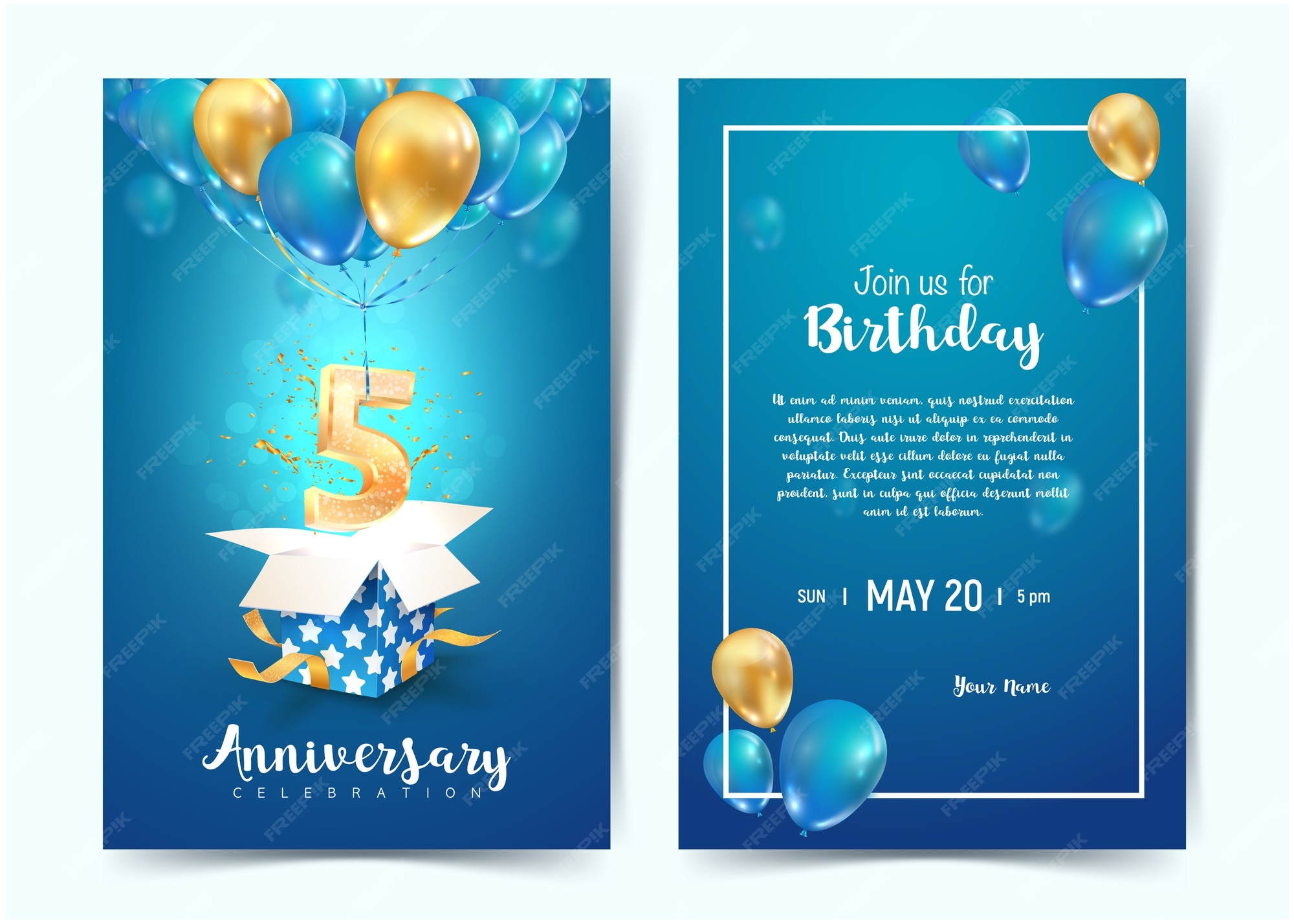 Celebration Des Cartes D Invitation D Anniversaire De Cinquieme Annee Celebration D Anniversaire De Cinq Ans Imprimer Des Modeles D Invitation Sur Fond Bleu Vecteur Premium
