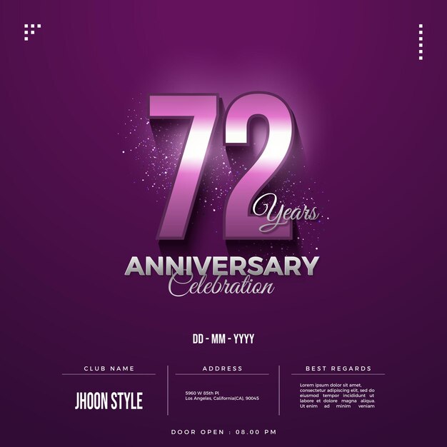 Célébration du 72e anniversaire avec des chiffres violets élevés.