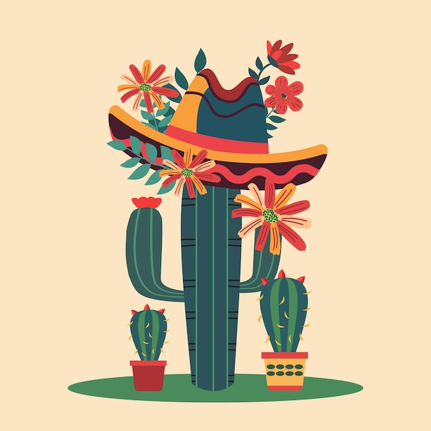 Vecteur célébration du cinco de mayo au mexique avec des cactus et des fleurs