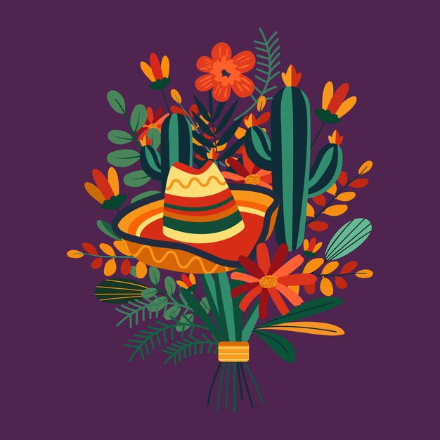 Vecteur célébration du cinco de mayo au mexique avec des cactus et des fleurs