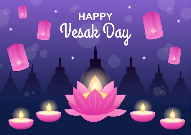 Célébration du jour de Vesak avec lanterne de silhouette de temple ou décoration de fleur de lotus en illustration