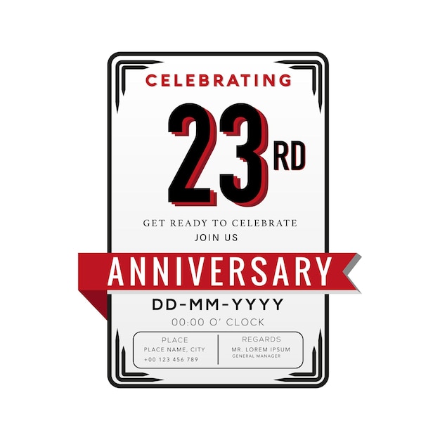 Célébration Du Logo De 23 Ans Et Carte D'invitation Avec Ruban Rouge Isolé