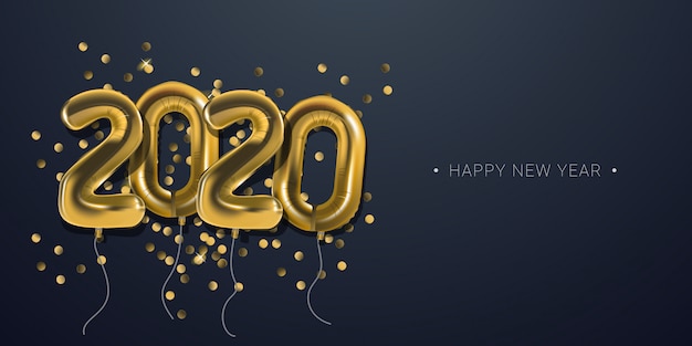 Célébration du nouvel an 2020 avec fond de bannière numérique ballons feuille d'or